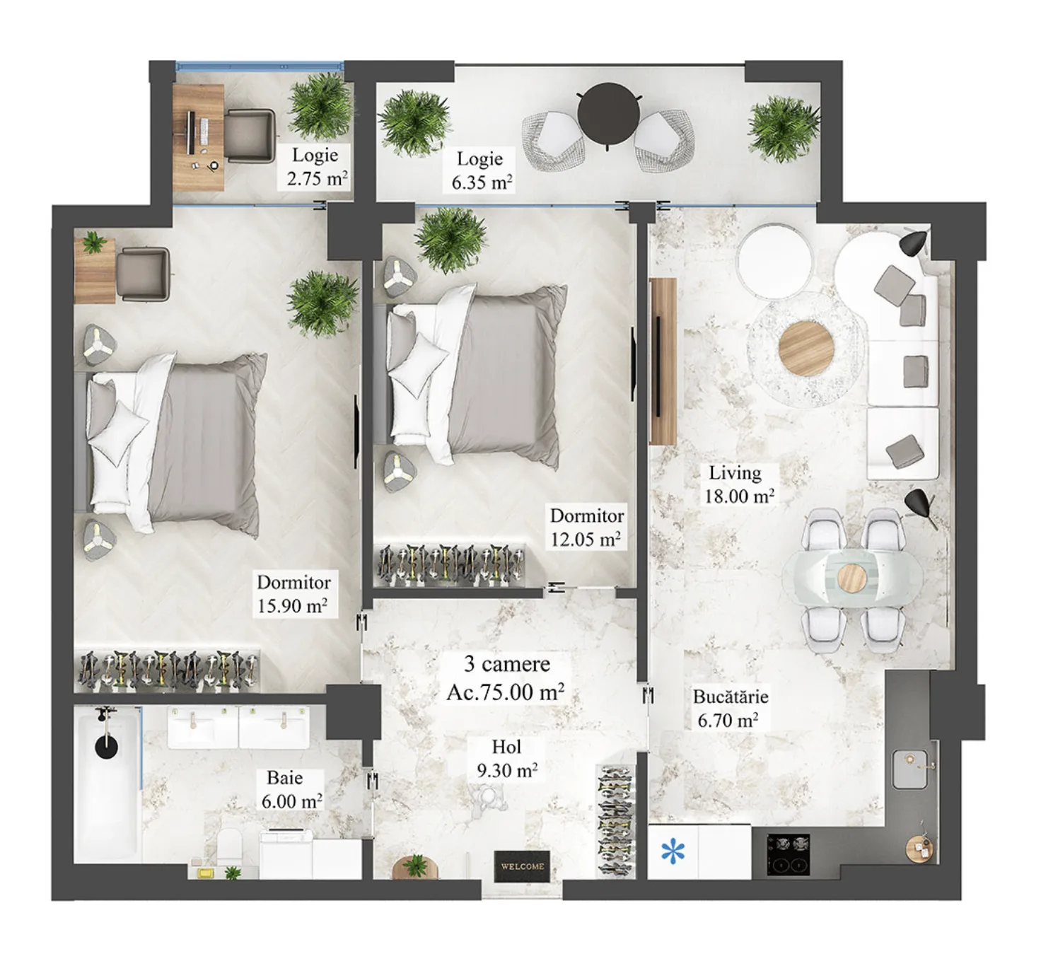 2-camere apartament, 75 m² — Imagine 3