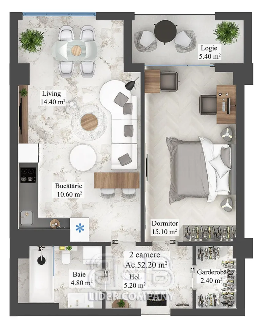 1-bedroom apartment, 52.2 m² — Image 3