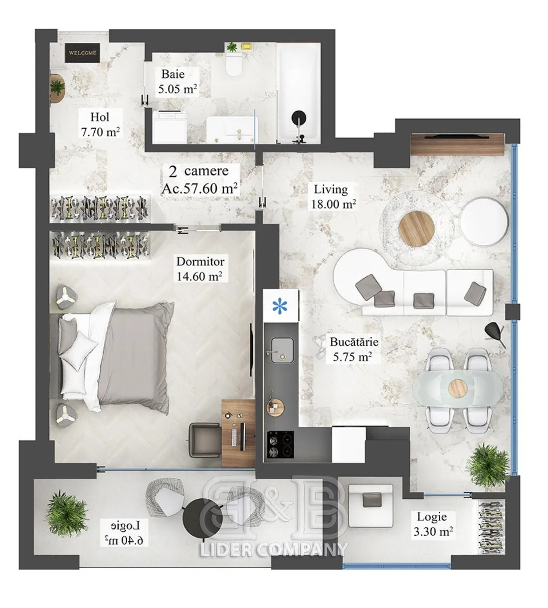 1-camere apartament, 58 m² — Imagine 2