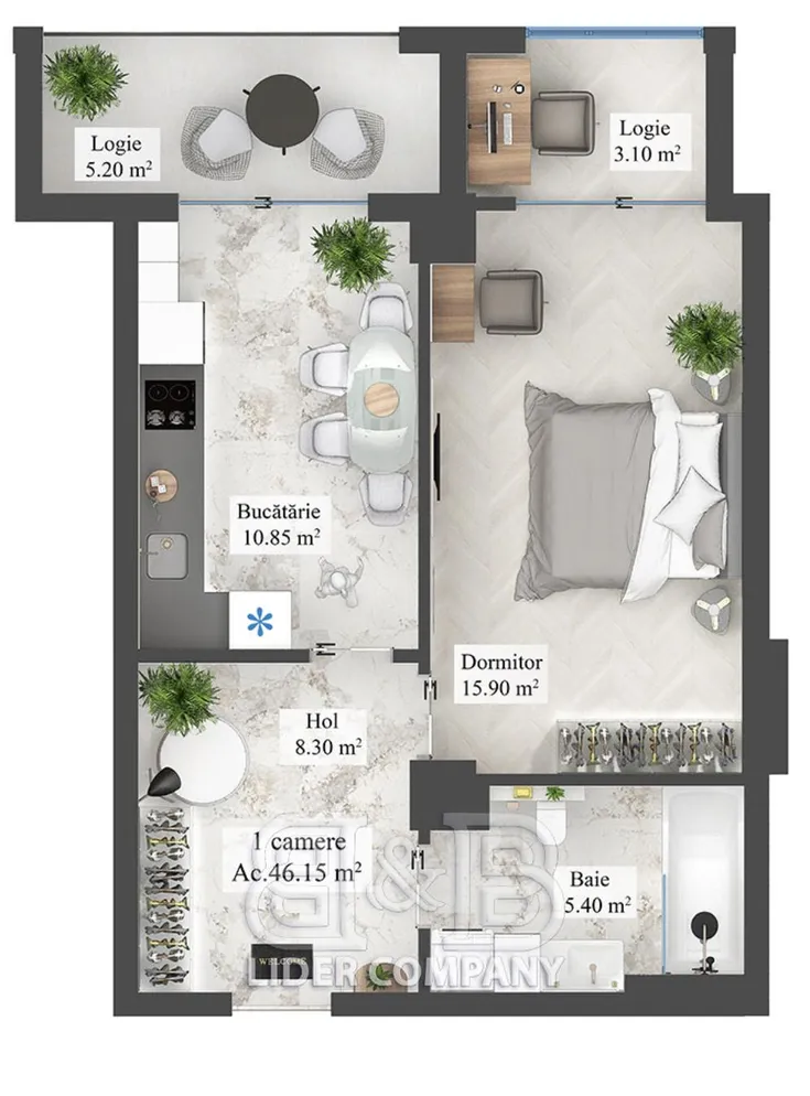 1-camere apartament, 45 m² — Imagine 3