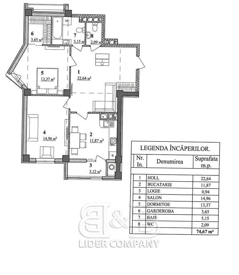 2-camere apartament, 75 m² — Imagine 2