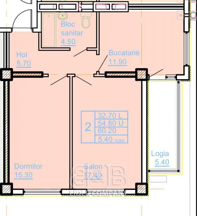 2-camere apartament, 60 m² — Imagine 1