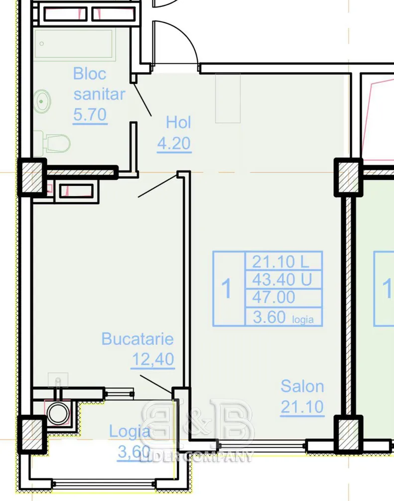 1-camere apartament, 47 m² — Imagine 1