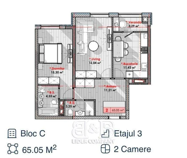 2-camere apartament, 66 m² — Imagine 3