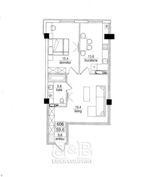 1-camere apartament, 60 m² — Imagine 2