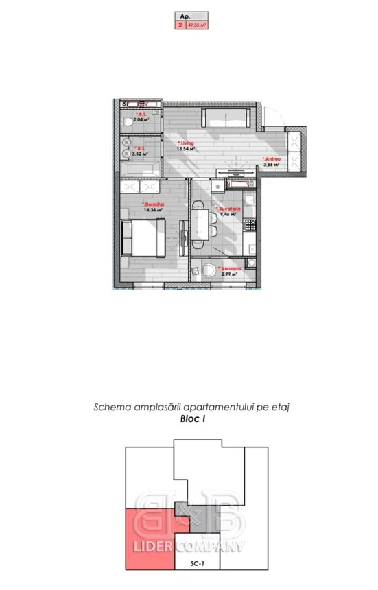 2-camere apartament, 50 m² — Imagine 2