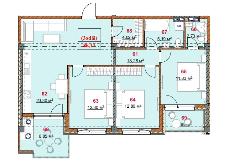 3-bedroom apartment, 86 m² — Image 2