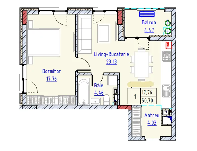 1-camere apartament, 51 m² — Imagine 2