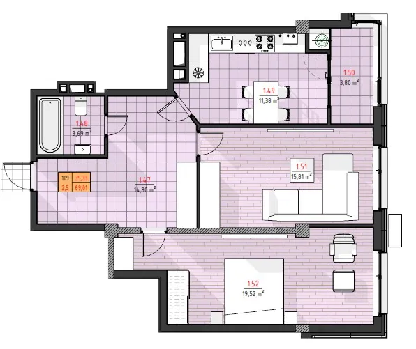 2-camere apartament, 69 m² — Imagine 2