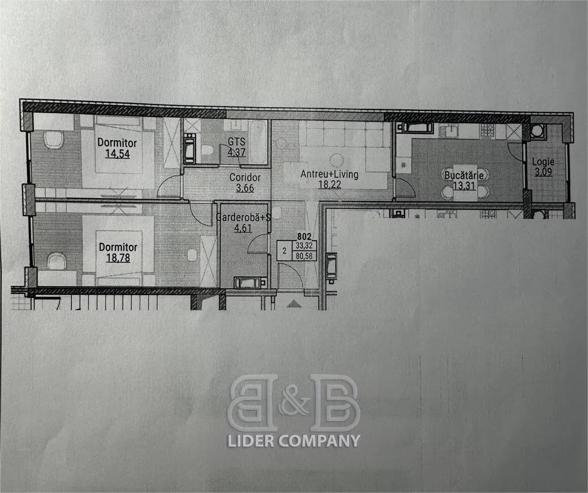 2-camere apartament, 81 m² — Imagine 1