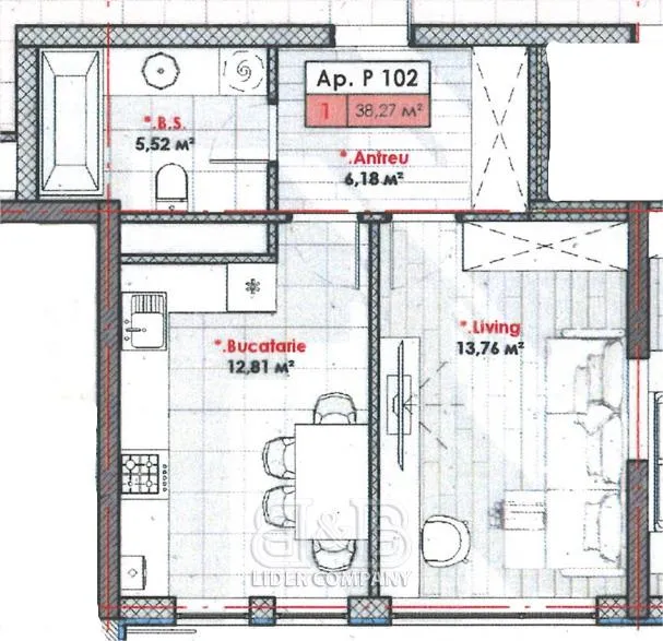 1-camere apartament, 38 m² — Imagine 2