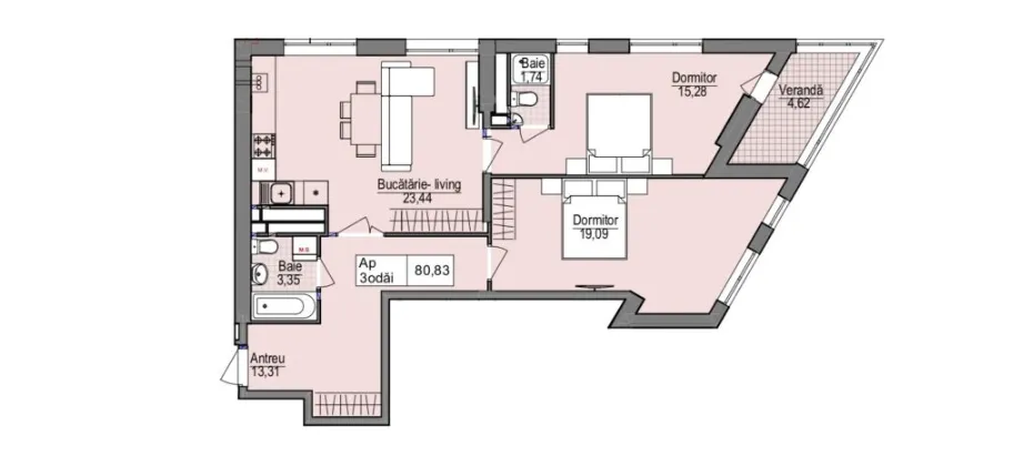 2-camere apartament, 74 m² — Imagine 2