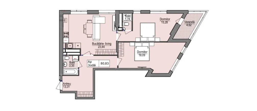 2-camere apartament, 81.9 m² — Imagine 2