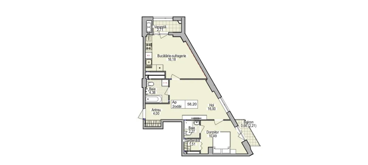 1-camere apartament, 57.8 m² — Imagine 2