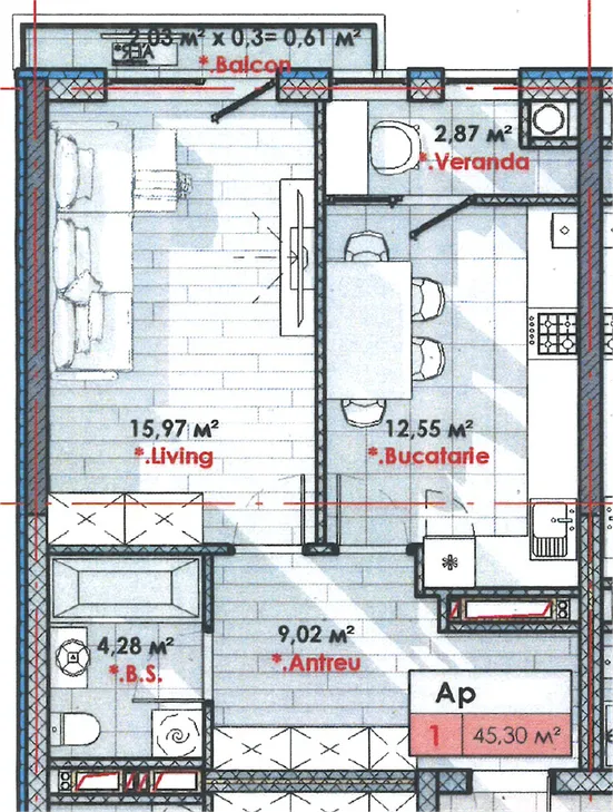 1-camere apartament, 45 m² — Imagine 2