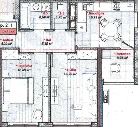 1-camere apartament, 57 m² — Imagine 2