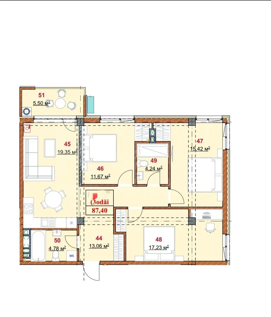 3-camere apartament, 87 m² — Imagine 2
