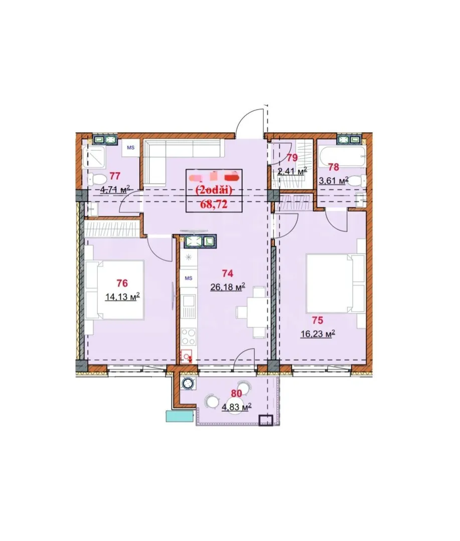 3-camere apartament, 68 m² — Imagine 2