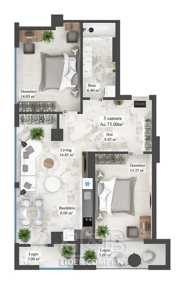 2-camere apartament, 73 m² — Imagine 3