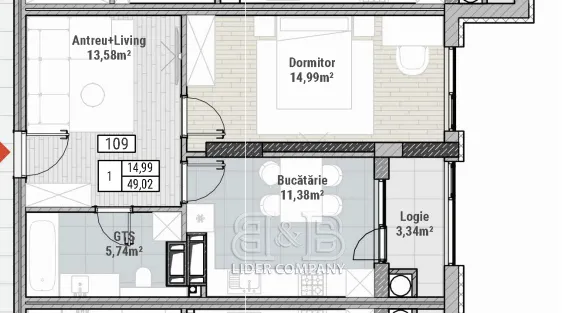 1-bedroom apartment, 49 m² — Image 1