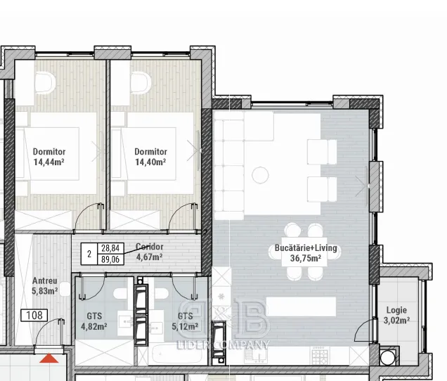 2-camere apartament, 89 m² — Imagine 1