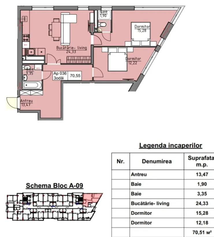 3-camere apartament, 71 m² — Imagine 2