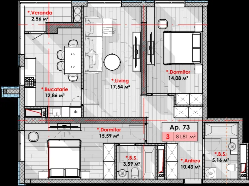 3-camere apartament, 82 m² — Imagine 2