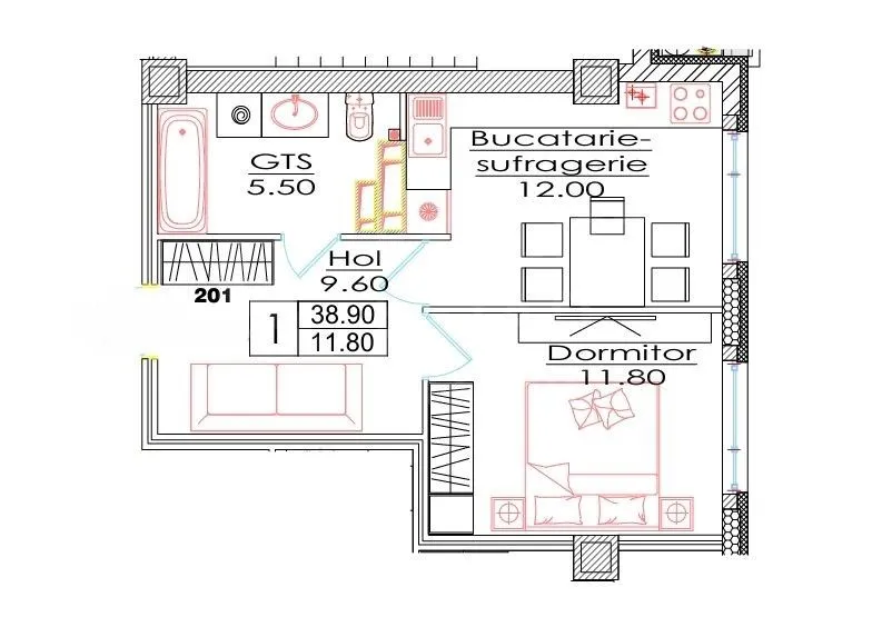 1-комнатная квартира, 38.9 м² — Изображение 2