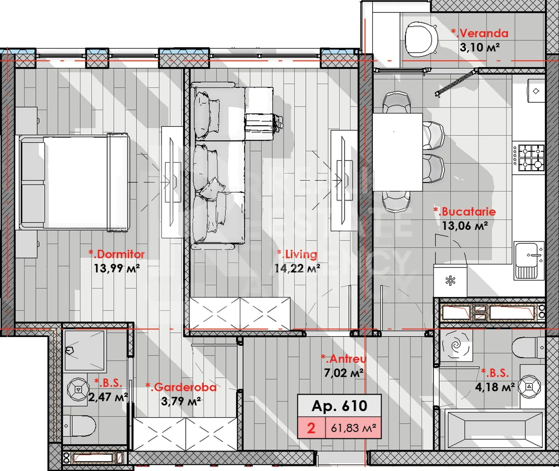 1-camere apartament, 61.83 m² — Imagine 2