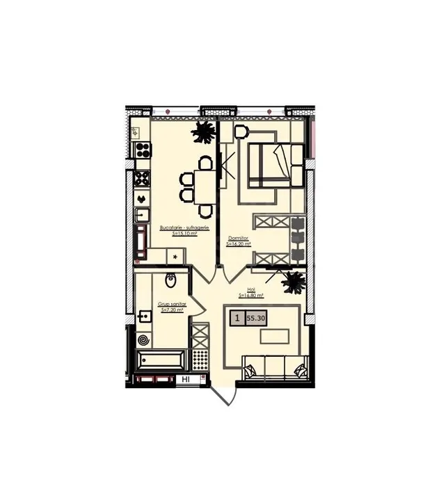 1-camere apartament, 55.3 m² — Imagine 3