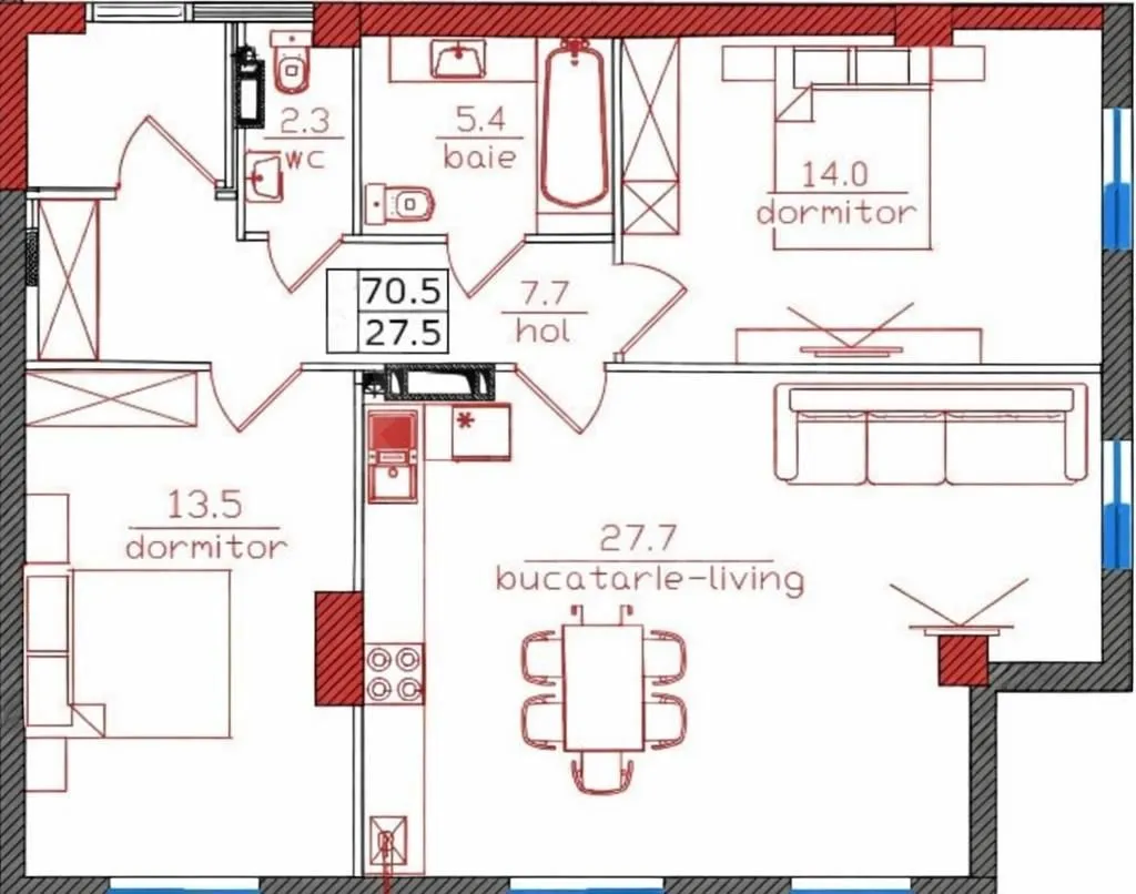 2-camere apartament, 70.5 m² — Imagine 3