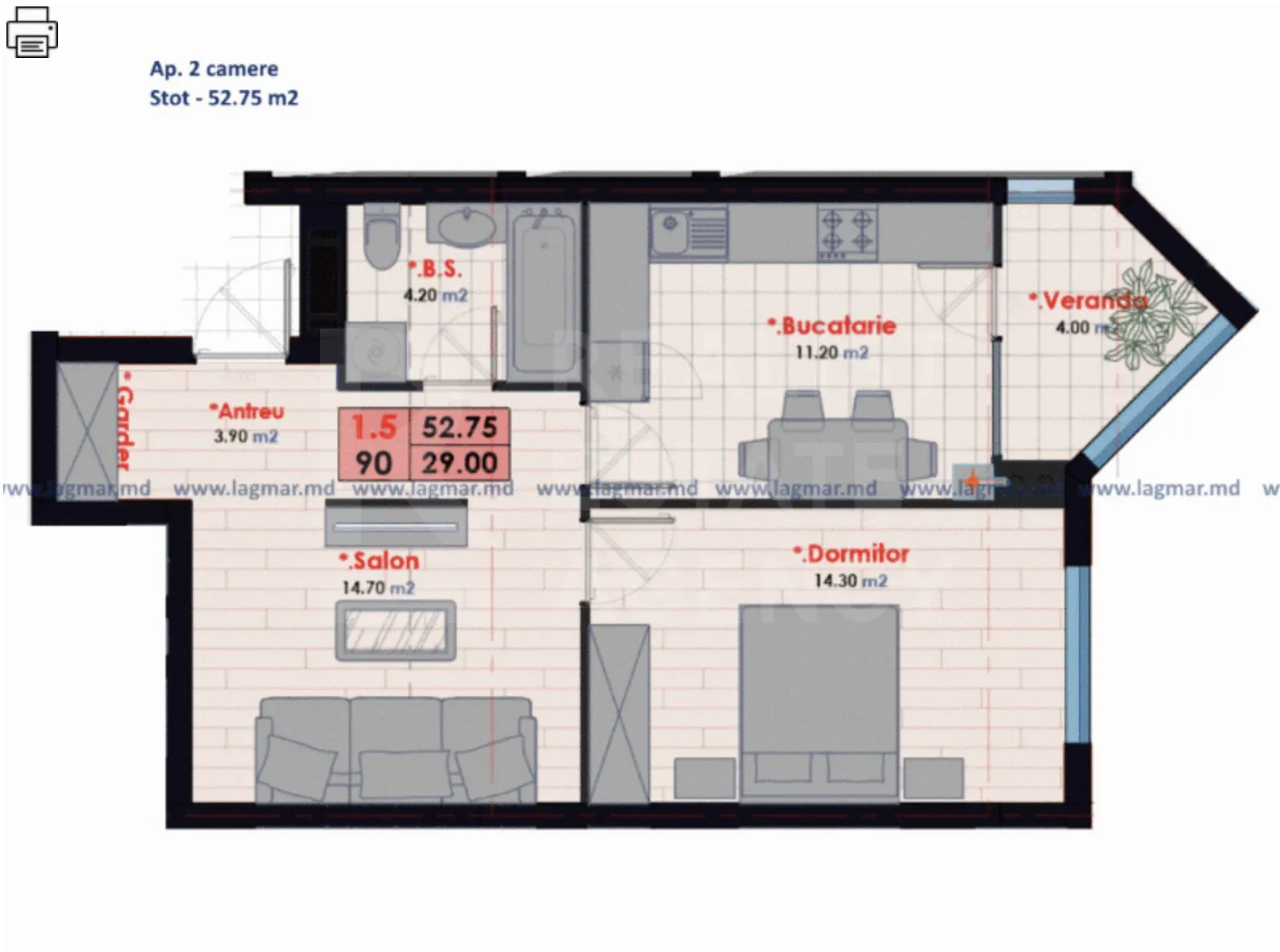 2-camere apartament, 51.5 m² — Imagine 4