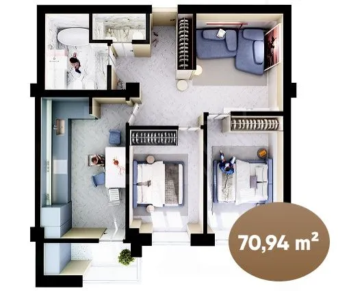 3-bedroom apartment, 70.94 m² — Image 1