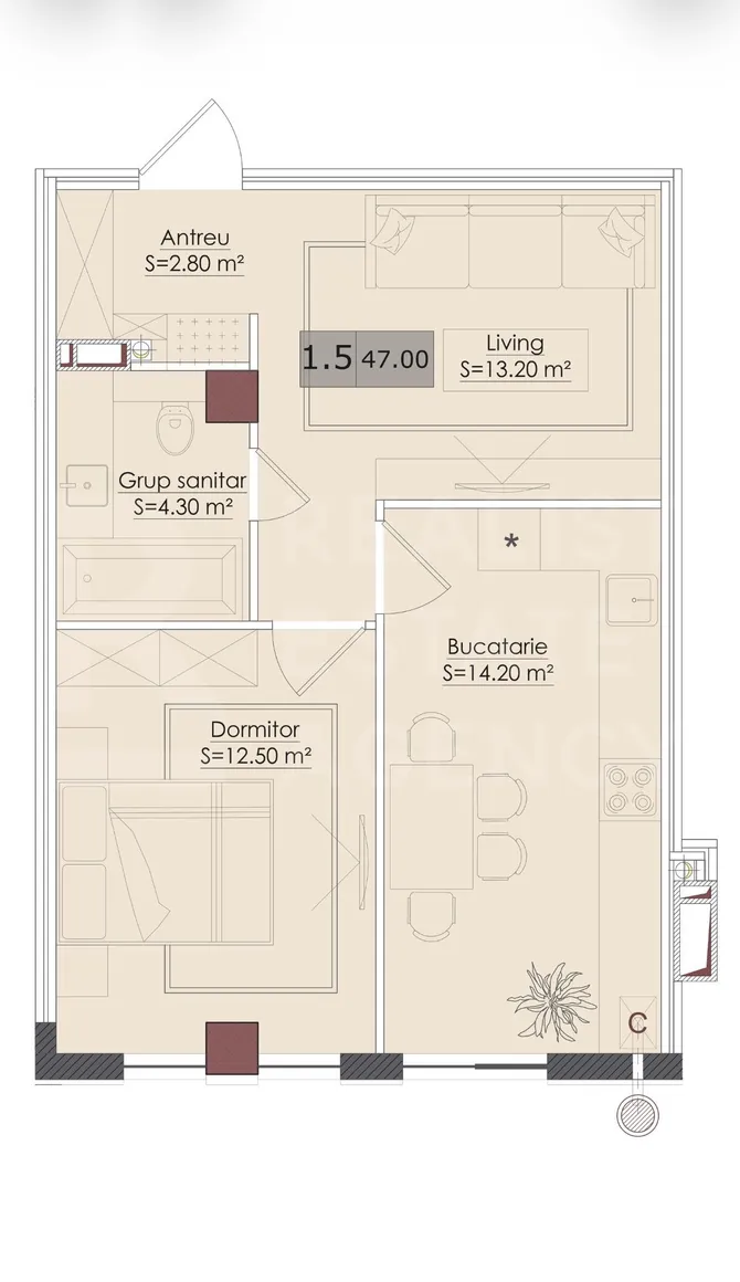 1-camere apartament, 47 m² — Imagine 2