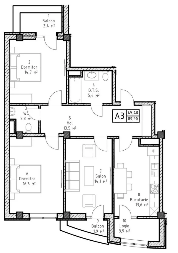 3-camere apartament, 89.9 m² — Imagine 3