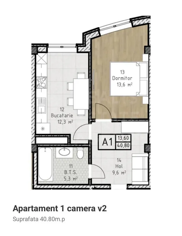 1-camere apartament, 40.8 m² — Imagine 2