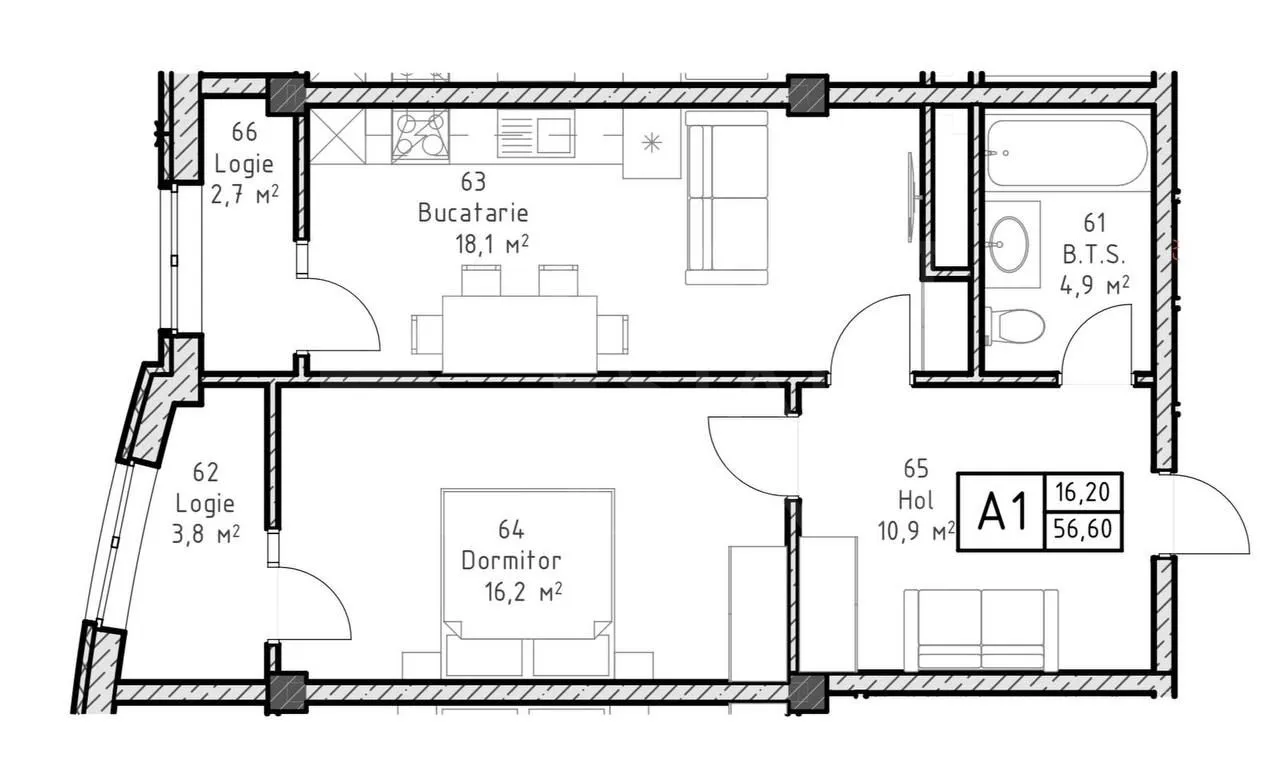 2-camere apartament, 56.6 m² — Imagine 2