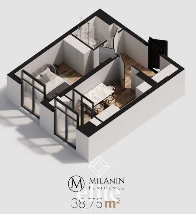 1-camere apartament, 39 m² — Imagine 3