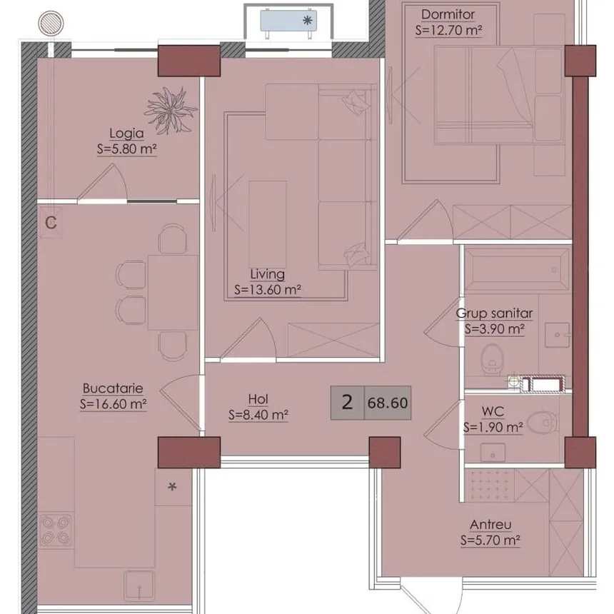 2-camere apartament, 69 m² — Imagine 2