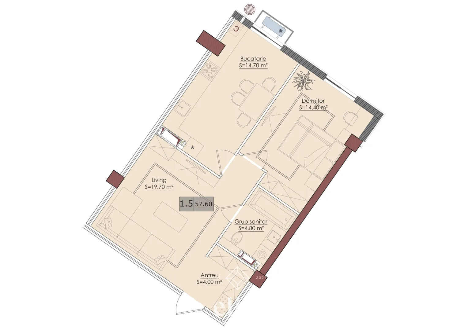 1-camere apartament, 57 m² — Imagine 3