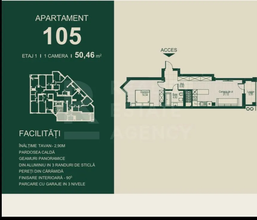 1-camere apartament, 50.42 m² — Imagine 2