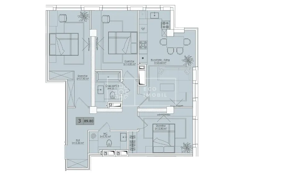 3-bedroom apartment, 89.8 m² — Image 1