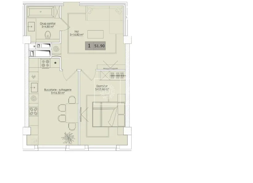 1-комнатная квартира, 51.9 м² — Изображение 1