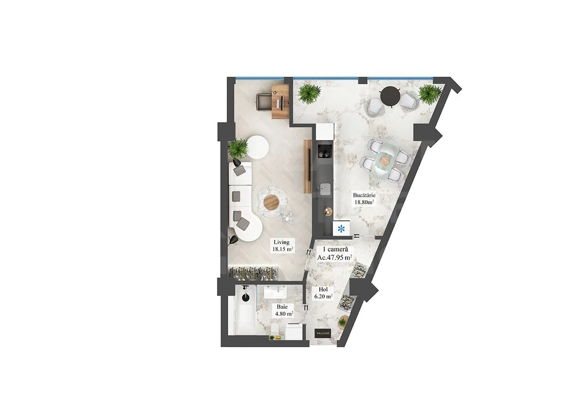 1-bedroom apartment, 47.95 m² — Image 3