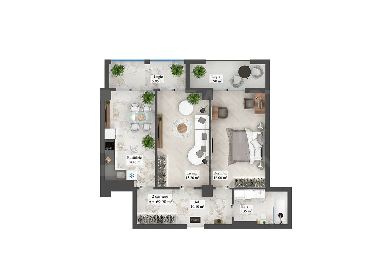 2-camere apartament, 69.9 m² — Imagine 3