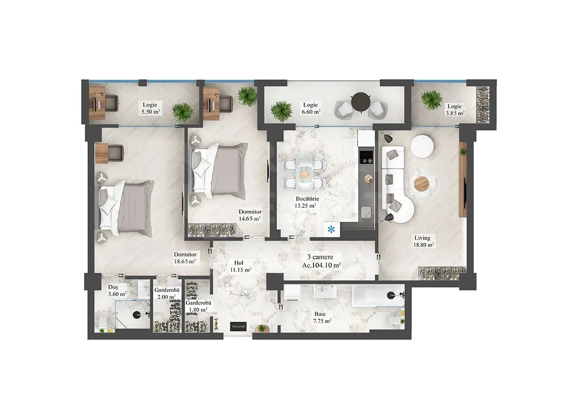 3-camere apartament, 104 m² — Imagine 3