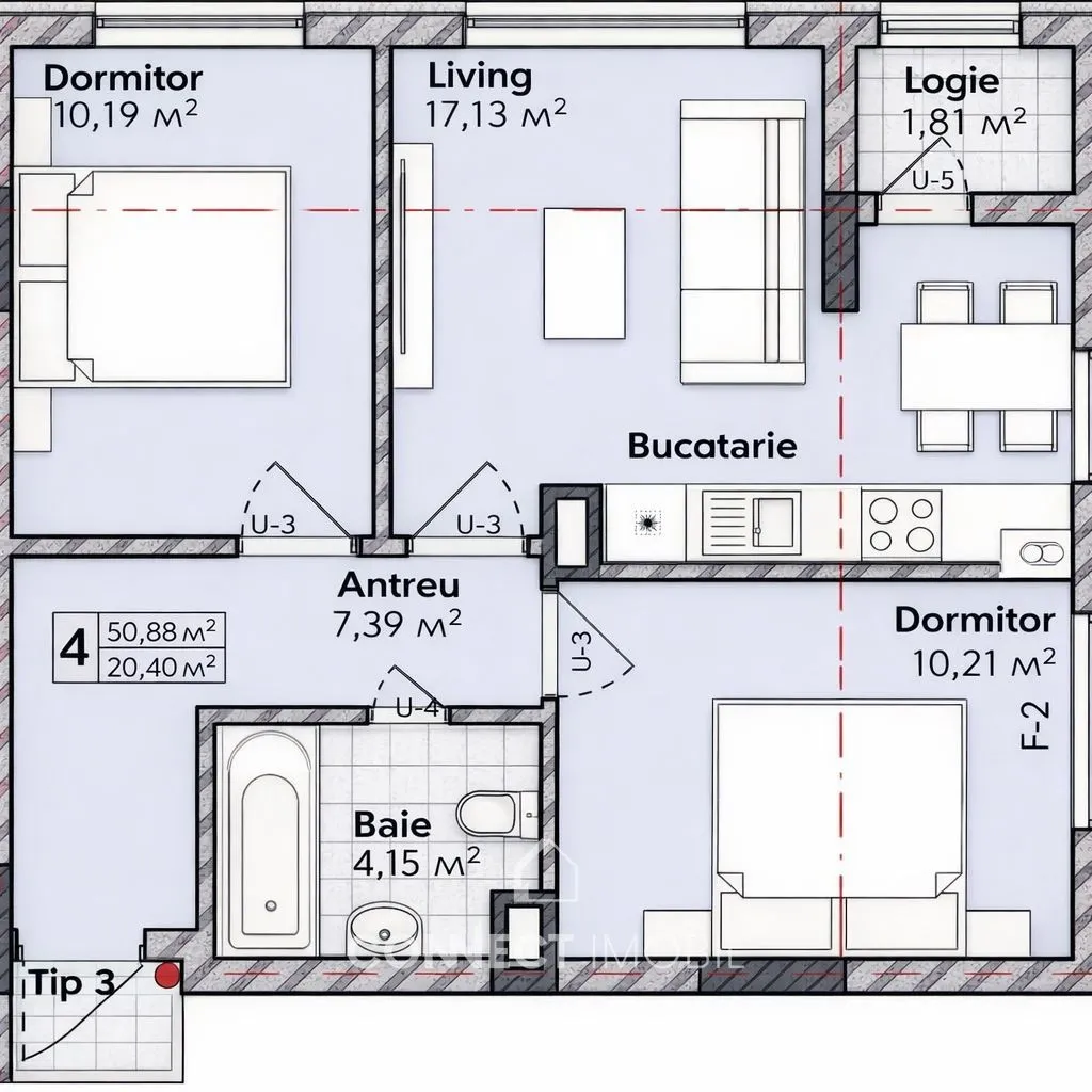 2-camere apartament, 55 m² — Imagine 4