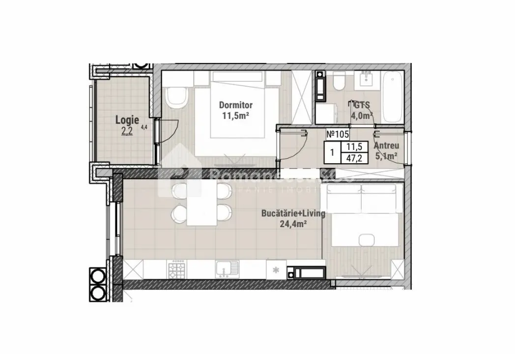 1-bedroom apartment, 47.2 m² — Image 2