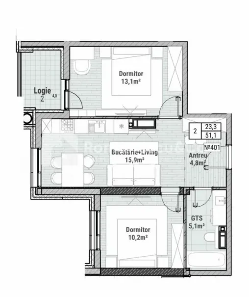 2-camere apartament, 51.1 m² — Imagine 2