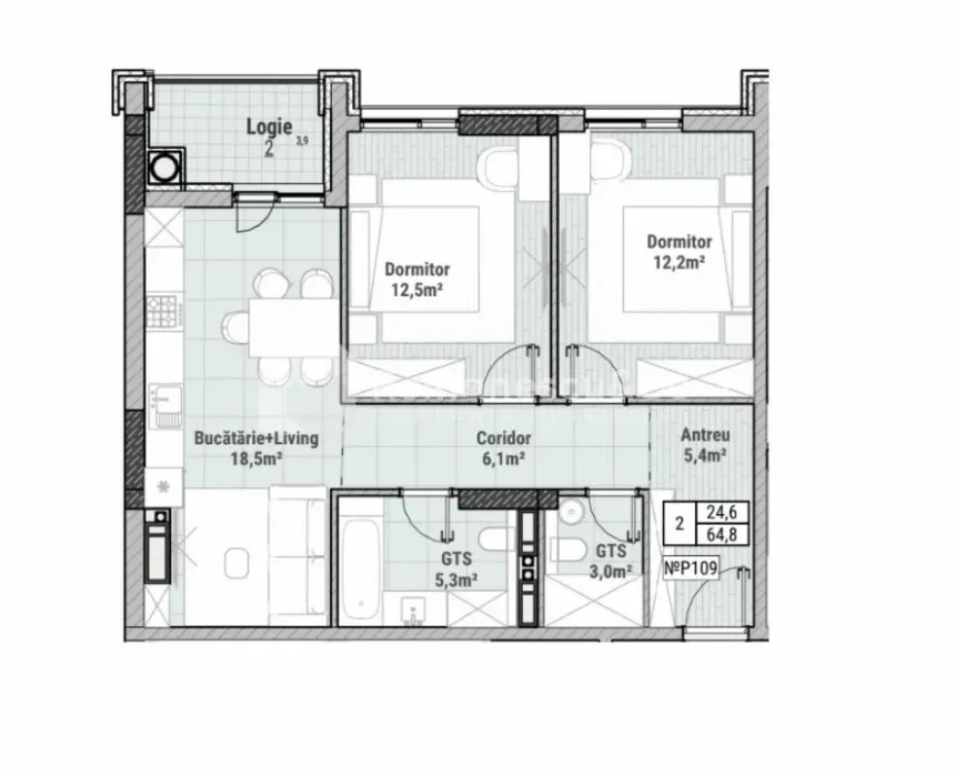 2-camere apartament, 64.8 m² — Imagine 2
